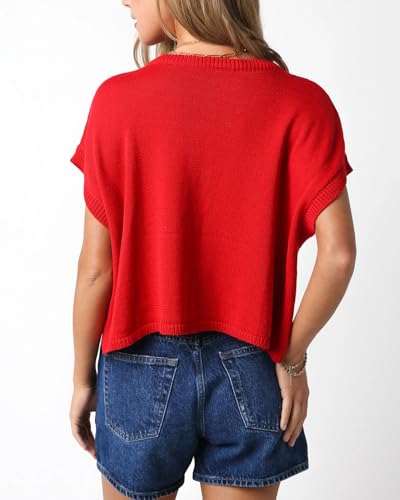 Image of Womens American Flag Sweater Cap Sleeve Summer Crop Tops Crew Neck Loose Fit Knit Sweater Pullover Top
