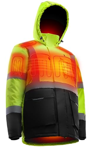 INNOWARM Heated Safety Hi-Vis Parka Jacket for Men Class 3 Waterproof Reflective Work Winter Coat with 7 Heating Zones & 12V Battery