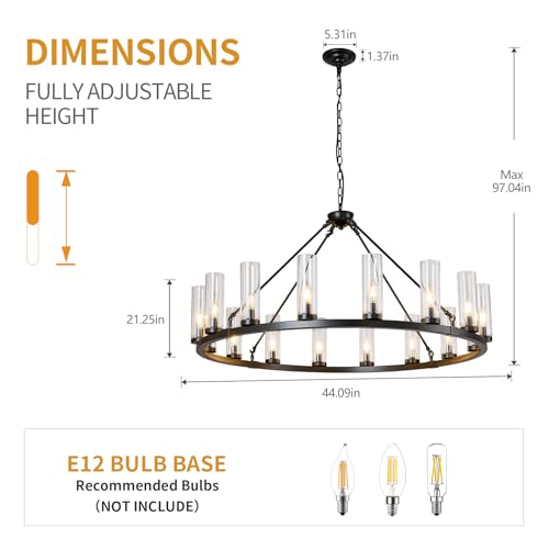 Image of 16 Light Large Wagon Wheel Chandelier with Clear Glass Shade Black Round Pendant Light Farmhouse Industrial Chandeliers Dining Room Light Fixture for Stair Living Room Foyer Kitchen