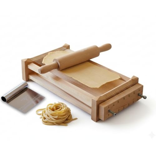 Chitarra Chitarella per Pasta Fresca - Chitarra Abruzzese per Pasta, Spaghetti, Fettuccine - Con Corde Tagliapasta inox -Chitarra doppio lato, Kit con Spatola in Acciaio Tagliapasta e Mattarello