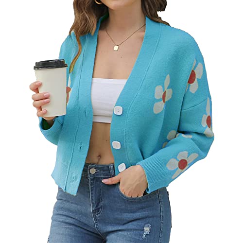 Image of Women's Long Sleeve Cardigan Sweater,Cute Y2K Top Knit Colorful Patterned V Neck Button Outwear S~XL