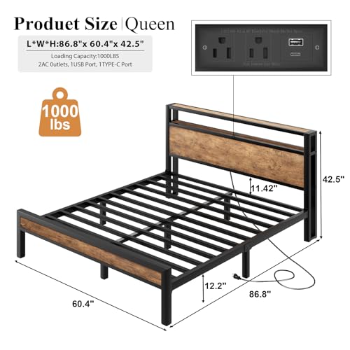Image of LOEWAY Queen Size Bed Frame with Storage Headboard, Industrial Platform Bed with Charging Station and LED Lights, Heavy Duty Metal Slats, No Box Spring Need, Noise Free, Rustic Brown