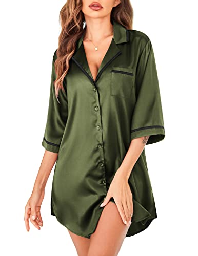 Ekouaer Women's 3/4 Sleeve Satin Sleepshirt Button...