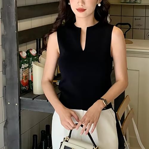 Image of Women Summer Sleeveless Sweater Vest Minimalist V-Slit Neck Slim Fit Pullover Tank