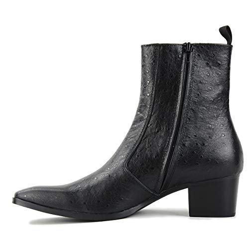 OSSTONE Men Chelsea Ankle Boots Leather Ostrich Print Western Cowboy Boots with Side Zipper Heel Dress Boots JY0142
