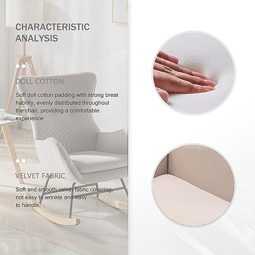 Tsuysi Velvet Rocking Chair Nursery, Upholstered Rocking Chairs with High Backrest and Armrests, Small Glider Chair for Nursery, Living Room, Bedroom (Beige)