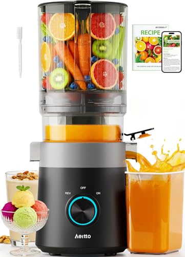 Aeitto Easy to Clean Cold Press Juicer with Filter-Free Design, 3-in-1 Juicer Machines for Juice, Nut Milk & Sorbet, 6.0' Wide Feed Chute for Whole Fruits & Vegetables, Quiet Motor, With Brush