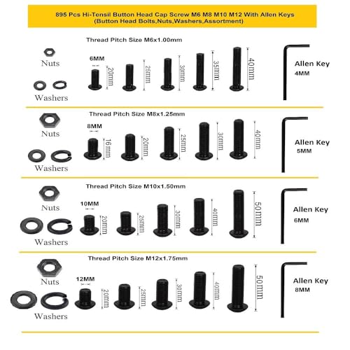 Image of High Tensile Button Head Bolts Dia M6 M8 M10 M12 Assorted Lengths 20MM-50MM Pack of 895 Pcs Metal Box Assortment