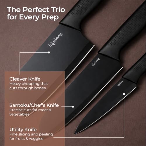 Image of Lifelong High-Carbon Stainless Steel Knife Set of 3 with Protective Cover | Non-Slip PP Handle, Black Color Coated, Sharp Edge for Professional Cutting, Chopping, Dicing & Slicing at Home & Restaurant