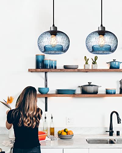 Casamotion Pendant Lights Kitchen Island Hand Blown Glass Lighting Marble Blue Modern Farmhouse Foyer Entryway Light Fixtures Ceiling Hanging Globe Over Table Sink Brushed Nickel 9 Inch Diam #TOP2