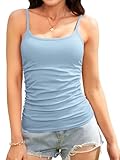 V FOR CITY Ribbed Camisole Tops for Women with Built-in Bra Adjustable Straps Cami Scoop Neck Side Ruched Layering Tanks M Sky Blue