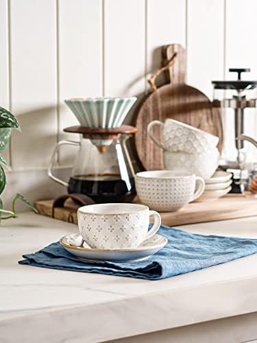 LE TAUCI Cappuccino Cups with Saucers - 6 oz Ceramic Coffee Cup and Saucer Set for Latte, Cafe Au Lait, Flat White, Mocha, Tea, Dishwasher & Microwave Safe, Set of 4, Embossed, White