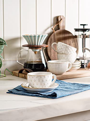 LE TAUCI Cappuccino Cups with Saucers 6 oz, Ceramic Embossment Coffee Cup for Au Lait, Double shot, Latte, Cafe Mocha, Tea, Dishwasher Safe - Set of 4, Arctic white