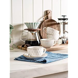 LE TAUCI 6 oz Cappuccino Cups with Saucers Suit For House warming Ceramic Embossment Coffee Cup for Au Lait Double shot Latte Cafe Mocha Tea Set of 4 Arctic white
