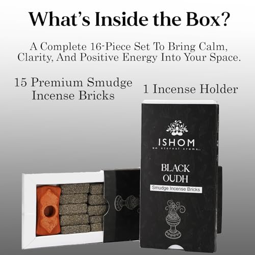 Image of Black Oudh Smudge Incense 15 Bricks with 1 Holder Combo Made with Agarwood Oil & Powder, LongLasting Calming Aroma for Relaxation, Aromatherapy & Prayer, Ideal for Home Purification & Meditation