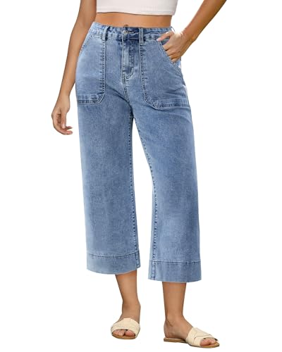 GRAPENT Womens Pants Casual Denim Capri Pants for Women Stretch Wide Leg Capri Denim Jeans for Women Straight Leg Jeans Womens Summer Blue Lennox Blue Plus Size X-Large Size 16 to 18