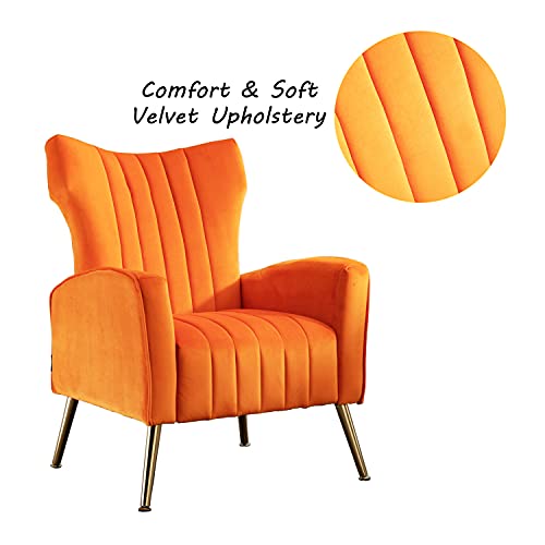 Altrobene Velvet Accent Chair Modern Wingback Comfy Chair Tufted Reading Armchair With Gold Legs For Living Room/Bedroom, Orange #TOP2