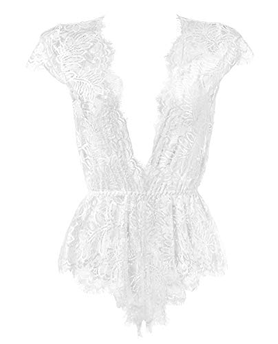 Anyou Womens Lingerie V Neck Lace Bodysuit Mini Babydoll Features Plunging Eyelash L-White