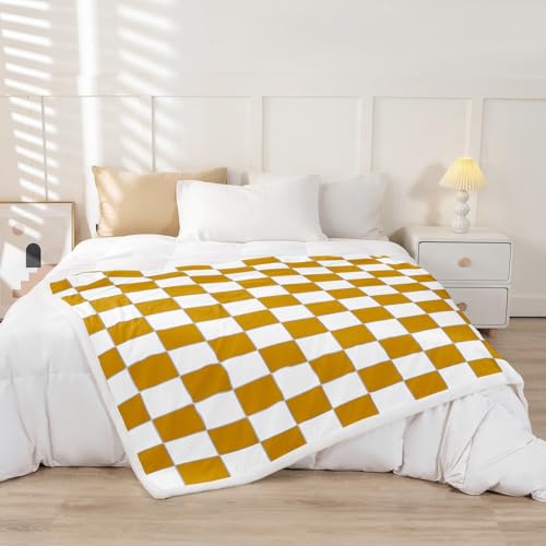 Image of Erosebridal White Yellow Checkered Fleece Bed Blanket Buffalo Plaid Grid Throw Blanket Queen 90 inchX90 inch for Kids Teen Adults Checkerboard Sherpa Blanket Aesthetics Geometric Gingham Flannel Blanket