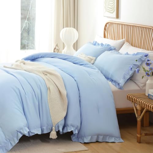 Image of JANZAA Light Blue Comforter Set Full - Soft Microfiber, Lightweight All Season Bedding, Ruffle Shabby Chic Aesthetic, Breathable Cozy Bed Set with 2 Pillow Shams, Machine Washable