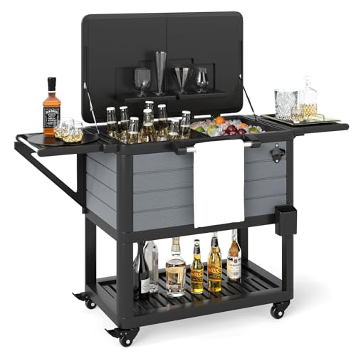 GOPLUS Mesa Nevera Jardin Exterior, 91 L Carrito Nevera Portatil con Ruedas, Estantes de Almacenamiento, Abridor de Botellas, Congelador para Jardín, Camping, Barbacoa, Picnic