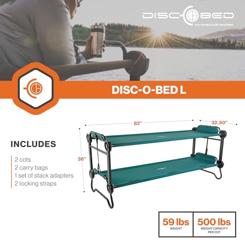 Image of Disc-O-Bed Portable Cam-O-Bunk Bed Large 2 Adult Sleeping Cot for Camping, Green