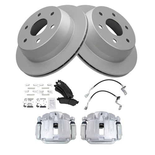 Image of TRQ Rear Brake Pad and Rotor Set Semi Metallic Coated Rotors Calipers Compatible with 2001 Chevrolet Silverado 1500 Sierra 1500