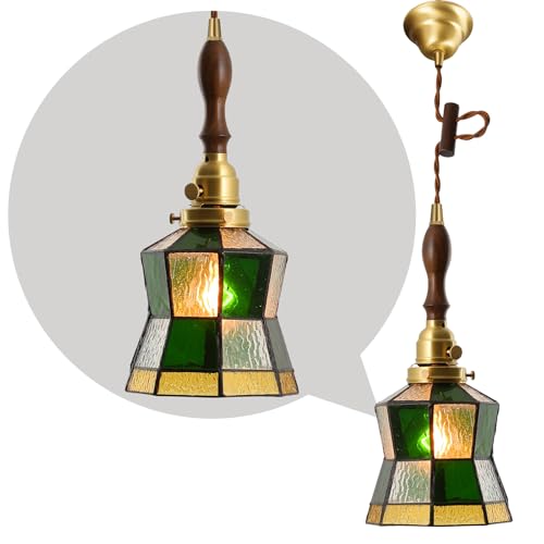 ペンダントライト LED ガラスシェード おしゃれ 北欧モダン風 真鍮製ボディ コード長さ調整可能 照明器具 天井吊り下げ式(E26口金・電球別売) ダイニングルーム リビング キッチン 玄関 書斎に最適 - ダークグリーン + 木製ポール装飾