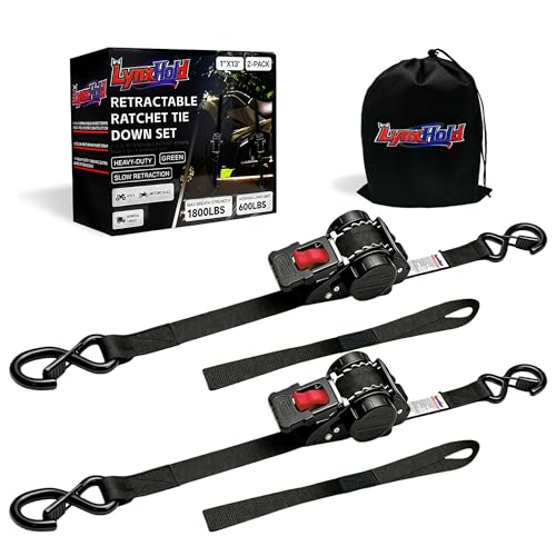 Image of Retractable Ratchet Straps 1 inch x 13Ft, Heavy Duty Self Retracting Tie Down Straps, 1800lb Break Strength Auto Retract Cargo Straps for Truck, Trailer, Motorcycle, ATV, UTV, (Black, 2 Pack)