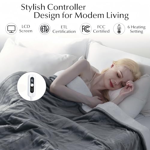 Heated Blanket Throw Size, Soft and Cozy Electric Heating Blanket for Bed, Automatic Safety System 6 Heating Levels & 4 Hours Auto-Off Gift for Grandma,50" x 60" London Grey