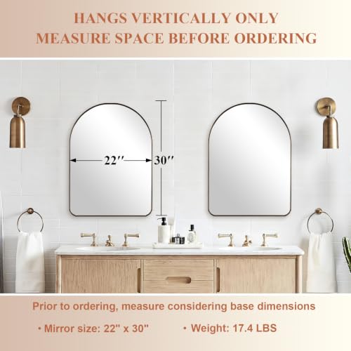 Image of Brushed Champagne Bronze Arched Bathroom Mirror 22x30 Inch | Stainless Steel Metal Frame, HD Glass, Bathroom Vanity Mirror for Over Sink, Modern Design Wall Mounted, MDF Backboard