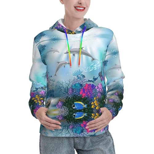 Sweat à capuche femme poisson sous-marin avec poche kangourou douce