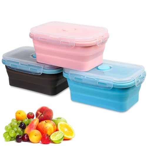 3 Pcs Fiambrera Plegables de Silicona, Contenedor de Alimentos Lunch Box Hermetica con Tapa, Bento Box para Microondas Refrigerador Lavavajillas, Recipientes Loncheras Plegables para Escuela Trabajo
