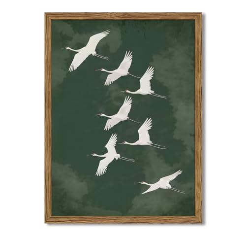 Framed Japanese Flying Cranes Wall Art, Vintage Bird Pictures Wall Decor Paintings, Rustic Nature Animal Canvas Prints Minimalist Home Decor for Living Room Bedroom Office Zen 12x16 inch