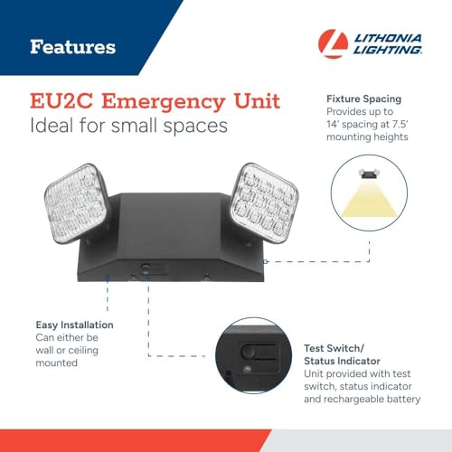 Image of Lithonia Lighting Basics LED Emergency Light, Emergency Lighting with Dual Adjustable LED Lamp Heads, Wall Mount, Damp Location Rated, 90-Minute Backup, MVOLT, Black (EU2C B MVOLT M6)