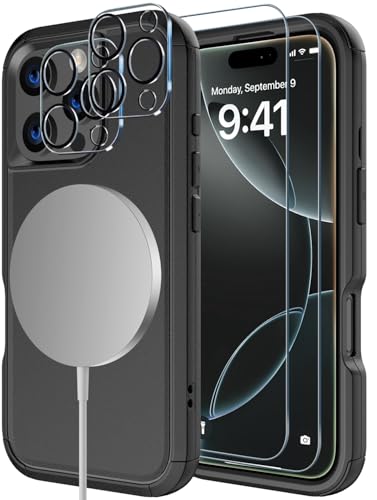Image of Diverbox for iPhone 16 Pro Case [Compatible with MagSafe] [Shockproof] [Dropproof] [Tempered Glass Screen Protector + Camera Protectors] Heavy Duty Protection Phone for iPhone 16 Pro (Magnetic Black)
