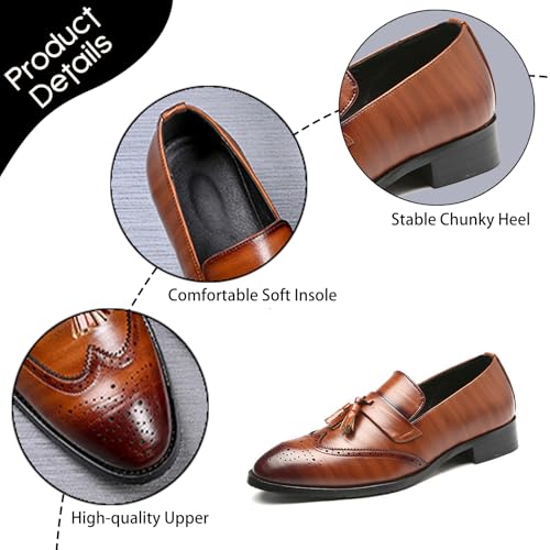 Men's Leather Tassel Wingtip Loafers Classic Brogue Comfortable Block Heel Slip-On Penny Loafers for Business Office Formal Weeding Dress Shoes3