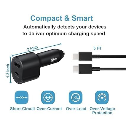 Image of Original Samsung Super Fast Dual Car Charger (45W+15W) with Fast Charging Cable for Samsung Galaxy S22 S21 S20 Ultra Plus Note 10+,Google Pixel,Note 20,Pps Car, Black (DEC17)