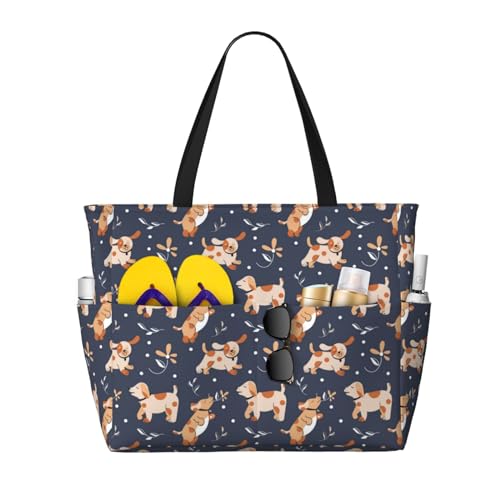 VOSERY Bolsas de playa grandes impermeables a prueba de arena, lindo perro cachorro No.1053 bonitas bolsas de playa para mujer con cremallera