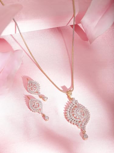 Image of Rubans Pendant Necklace Set American Diamond and Zirconia Gift Jewellery for Women & Girls