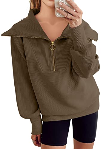 Anrabess Womens 2023 Fall Fashion Oversized Quarter Zip Pullover Sweatshirts Hoodie For Teen Girls Trendy Y2K Clothes 808Shenkaqi-S Brown #TOP3