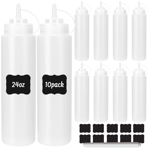 DHSBTLS 24 oz Plastic Squeeze Bottles, 10 Pack Clear Condiment Squeeze Bottles with Tethered Caps, Ketchup Bottles for Sauces, Perfect for Condiments, Oil, Icing, Liquids, with 10 Stickers and 1 Pen