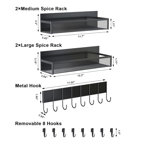 Image of Aufworld Magnetic Spice Rack for Refrigerator, 5 Pack Magnetic Shelf, Moveable Magnetic Fridge Organizer with an 8-Hook Rack, Seasoning Organizer for Kitchen Organization (Extra with 8 Hooks)