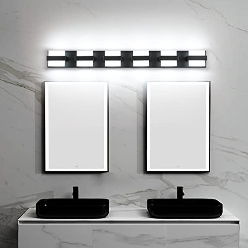 Image of SOLFART 6 Lights Black Vanity Light LED Bathroom Modern Vanity Lights Over Mirror Black Bathroom Light Fixtures 41 inch White Light Dimmable