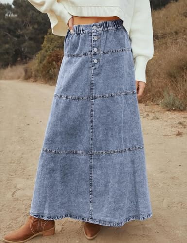 yoeasy Women's Denim Maxi Skirt Button Casual Boho Flowy Tiered Swing Vintage A-Line Jean Midi Long Skirt3