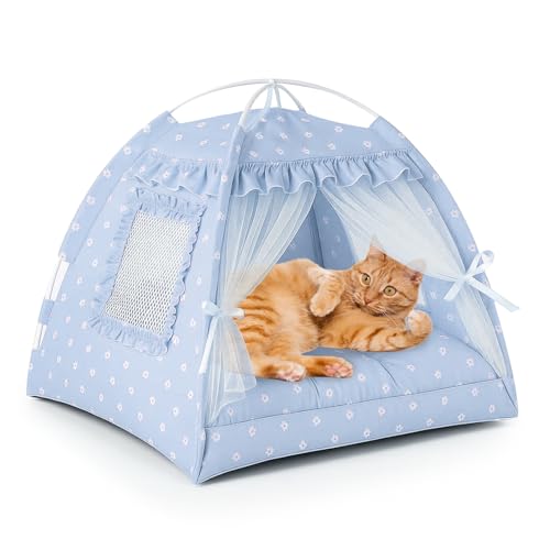 Tienda de tipi para animales, casa de interior, animales tienda de campaña con cojín lavable, camaraña de gato interior, casa para gatos (encaje azul, L)