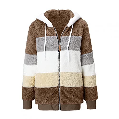 Women's Winter Plush Hoodie Coat Colorblock Hooded Sweatshirt Warm Outwear Long Sleeve Zipper Jacket Khaki #TOP2