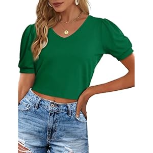 Aloodor Crop Tops for Women Puff Sleeve V Neck T Shirts S-XXL