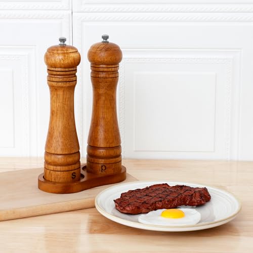 Harupink Macinasale e pepe in legno, set da 2 pezzi, con meccanismo regolabile in ceramica, macinasale da 22 cm, macinapepe con base, macinaspezie per cucina, barbecue e ristorante