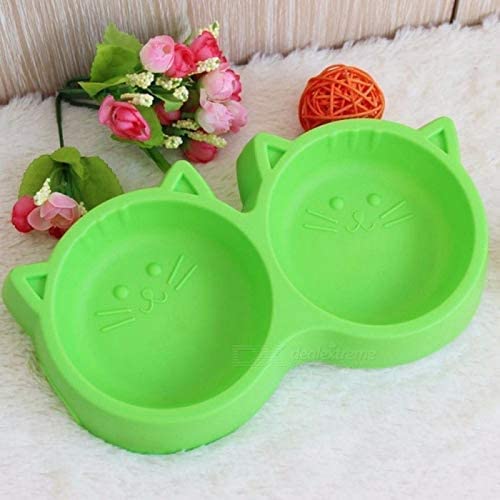 Image of Non-Slip, Non-Toxic Pet Feeding Plastic Cat Face Shaped Double Bowl Food & Water Feeder 2-in-1 Bowl for Dogs and Cats (Color May Vary)